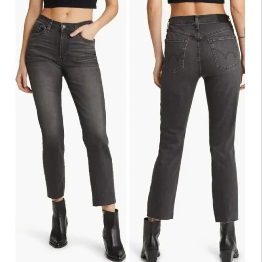 Edwin Bree Slim Straight Crop High Rise Raw Hem Black Wash Jeans 35221